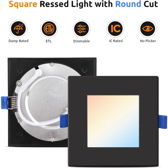 MINSUI-Square LED Recessed Lighting 4 Inch, 5CCT Ultra Thin Led Recessed Ceiling Lights 6 Pack, Selectable 2700K/3000K/3500K/4000K/5000K, 9W, IC Rated, Dimmable Square Black Trim with Junction Box