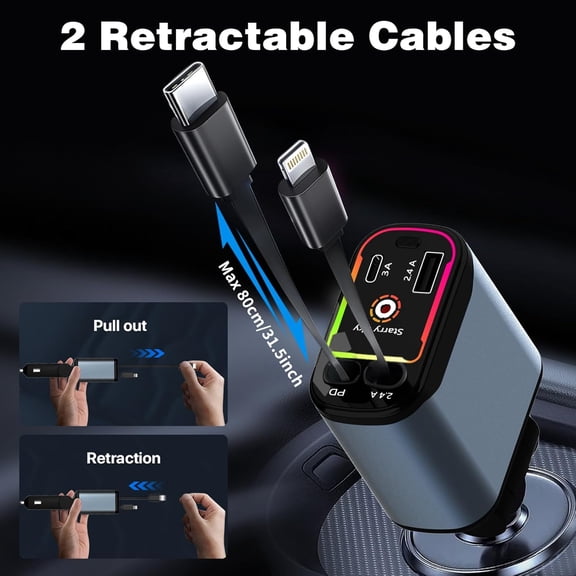 MINSUI-Starlight Retractable Car Charger,66W Fast Car Chargers Adapter 4 in 1 with 2 USB Car Chargers for Phone iPhone 16/15/14/13/12/11 and for Android