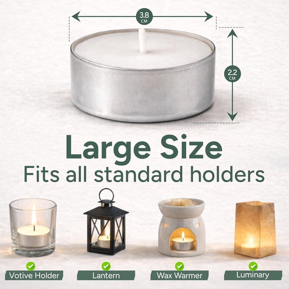 MINSUI-Tea Lights Candles 4 Hour Burn (100 Pack) - White Lights - 1.5"W x 1"H Smokeless & Unscented Candles - Party Candles- for Weddings, Home Decor