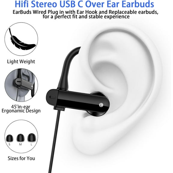 MINSUI-USB C Earbuds Wired Over Ear Headphones for iPhone 17 16 Pro Max/Samsung S26 S25 S24 Ultra A17 A16,Type C Sport Headphones Wired Earphone with Ear Hooks&Loop Microphone for iPad 11 Air/Galaxy