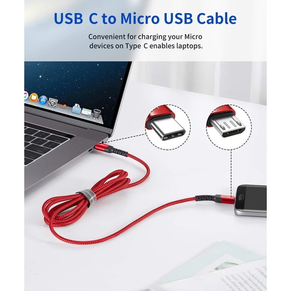 MINSUI-USB C to Micro USB Cable 10ft, Type C to Micro USB Charger Braided Cord, Support Charge & Sync Compatible with Galaxy S8, S9, S10, Pixel 3 XL, 2 XL and Micro USB Devices