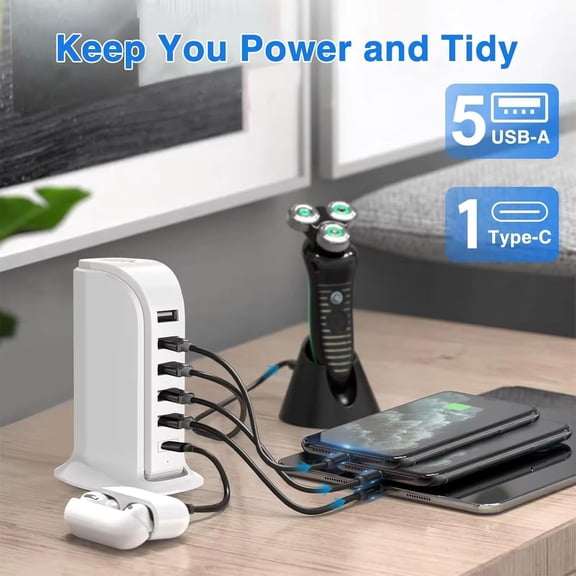 MINSUI-USB Charging Station for Multiple Devices, 40W Multiport Charger Tower, Type C Port Supports PD Quick Charge Compatible with iPhone, Smartphones, Tablets and Other Devices (White)