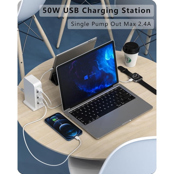 MINSUI-USB Charging Station - Multiport USB Charger Hub,6 Port Charger Tower for iPhone 15/14/13/12, iPad, Samsung Galaxy, Google Pixel,HTC, and Multiple Devices (white-50W)