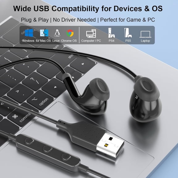 MINSUI-USB Earbuds for PC Computer Headset with Microphone 7.5ft Cable Half in Ear Earphone for Desktop Stereo Sound in line Volume Control Noise Isolated Wired Headphone for HP Dell Zoom Surface Bla