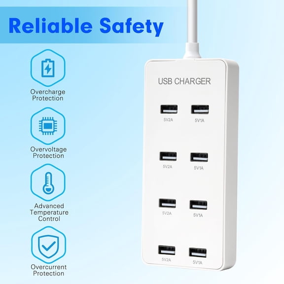 MINSUI-USB Wall Charger USB Charging Station for Multiple Devices 8-Ports Charging Hub Strip Smart Charger Block Compatible with iPhone, Galaxy, iPad Tablet, and Other DevicesWhite