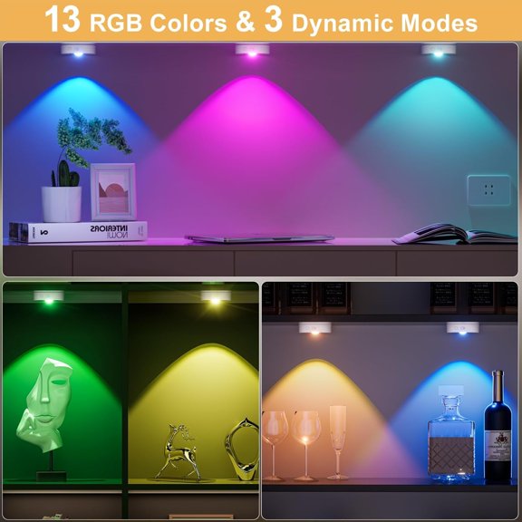 MINSUI-Under Cabinet Lighting, 1500mAh Rechargeable Puck Lights with Remote,13 RGB Colors, Magnetic Stick on Light, Dimmable Wireless Tap Light for Kitchen, Shelf, Pantry(White 6 Pack)