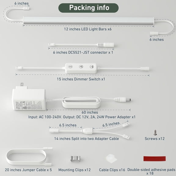 MINSUI-Under Cabinet Lighting Plug in. 6 PCS 12 Inches Likable Slim Bright Light Strips. Dimmable 24W Cabinet Lights for Kitchen Over Counter Countertop Tool Box Shelf Closets Warm White 3000K