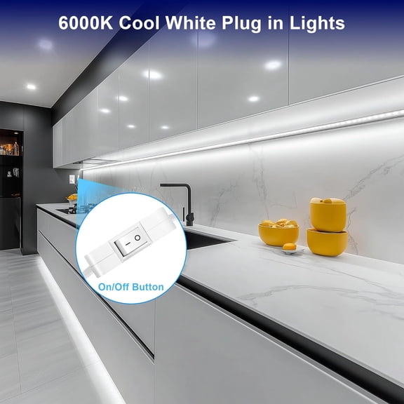 MINSUI-Under Cabinet Strip Lighting Plug in 72in, Ultra Bright Small LED Light Bar, 6000K Cool White, 110V-120V Wired Lights for Kitchen Cabinet, Counter, Workbench, Desk, Closet, Shelf, Indoor
