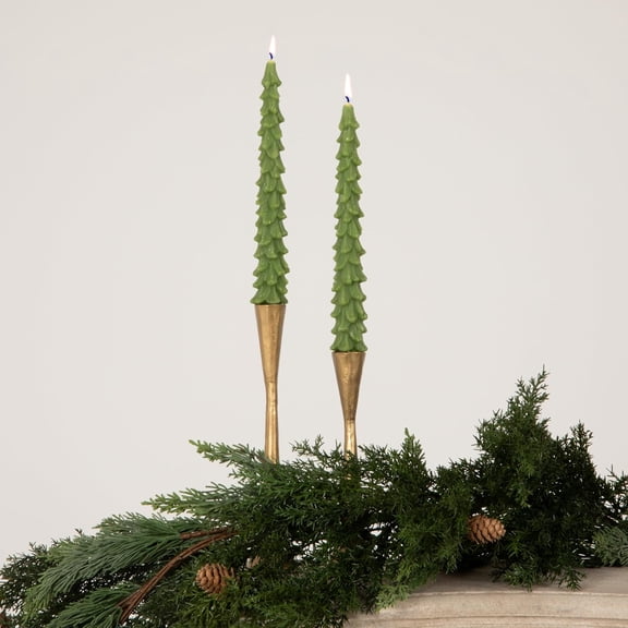 MINSUI-Unscented Tree Shaped Taper Candles, Cedar Green, Boxed Set of 2