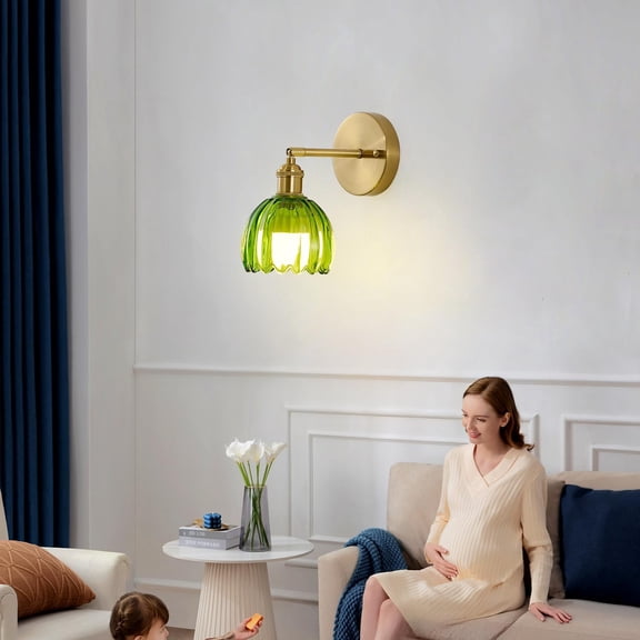MINSUI-Vintage Battery Operated Wall Sconces with Remote, 180 Degree Adjustable, Modern Battery Powered Wall Lighting Fixture with Green Tulip Glass Lampshade for Bedroom Bedside Bathroom
