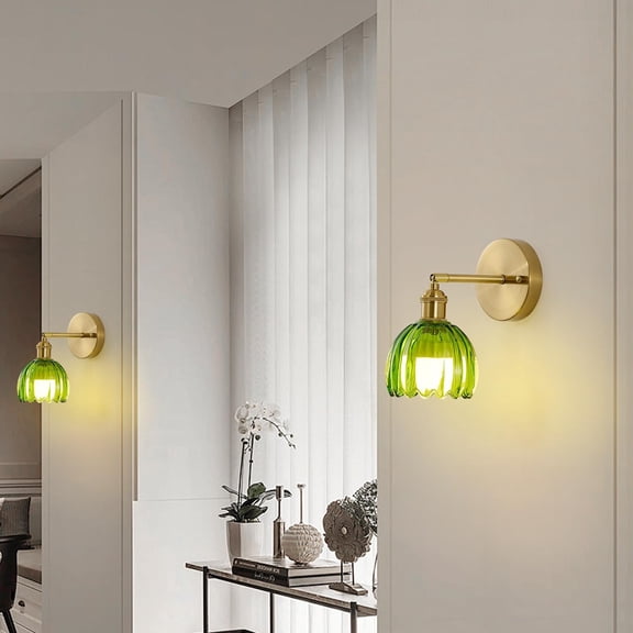 MINSUI-Vintage Battery Operated Wall Sconces with Remote, 180 Degree Adjustable, Modern Battery Powered Wall Lighting Fixture with Green Tulip Glass Lampshade for Bedroom Bedside Bathroom-2Pack