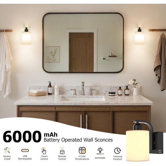 MINSUI-Wall Sconce Battery Operated Set of 2, 6000mAh Rechargeable Wall Lights with Touch Control and Remote Control, Wireless Wall Lamps for Bedroom, Black Sconces Wall Decor for Living Room Hallway