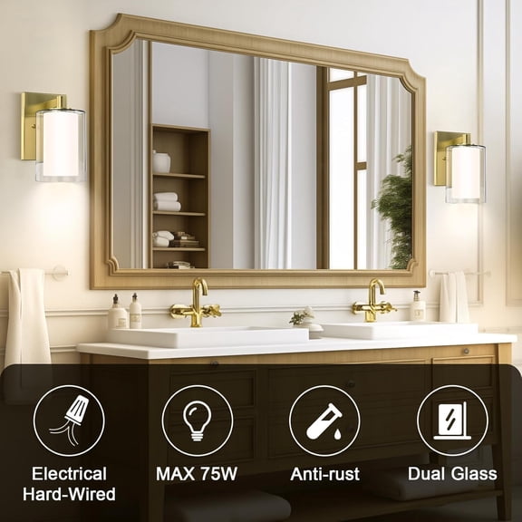 MINSUI-Wall Sconces Set of Two: Bathroom Sconce of 2, Gold Vanity Fixtures with Double Clear Glass Shade, E26 Base Hardwired Farmhouse Wall Lights for Bedroom Living Room Bathroom (Bulb not Included)