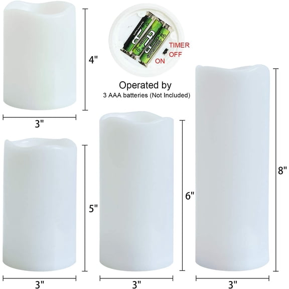 MINSUI-Waterproof Flameless Flickering Candles with 6 Hours Timer, Indoor Outdoor White LED Plastic Battery Operated Pillar Candles Pack of 4 Wedding Dinner Home Decor, D3x H4 5 6 8