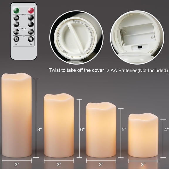 MINSUI-Waterproof Outdoor Flameless Candles with Remote and Timer White Plastic Battery Operated LED Flickering Pillar Candles Wedding Dinner Garden Home Holiday Decor(3" D x 4",5",6",8" H)