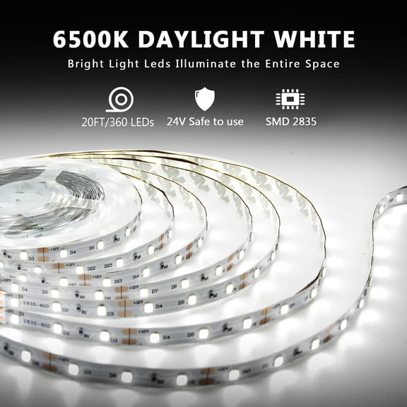 MINSUI-White LED Strip Lights, 20ft Dimmable Super Bright 24V Led Tape Light 6500K 360 LEDs Lights for Bedrooms, Mirror, Kitchen, Home Decoration Daylight White