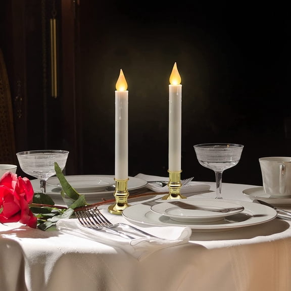 MINSUI-White Taper Candles with Gold Holders, Pack of 2-9.9" Flameless LED, 5/19 Auto Timer, Batteries Included - Wedding, Dinner & Home Decor