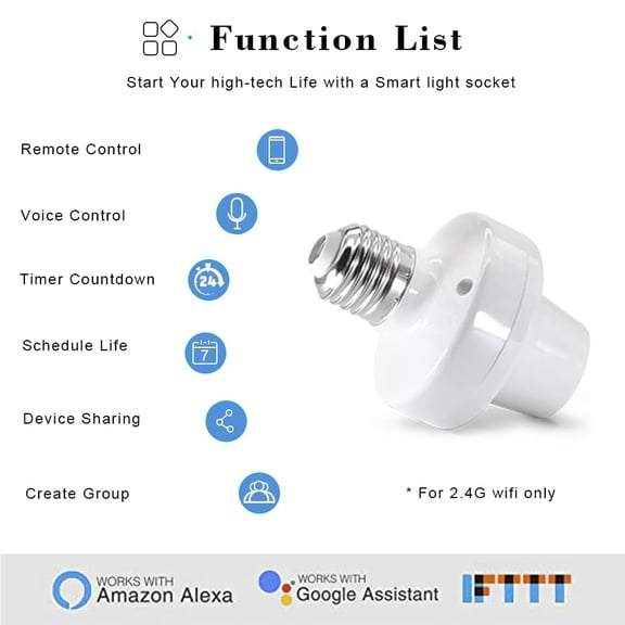 MINSUI-Wi-Fi Smart 2.4G Remote Control Light Socket E26 E27 Bulb Socket Adapter, eWeLink APP Remote Timing, Compatible with Alexa and Google