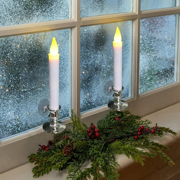 MINSUI-Window Candles with Suction Cups, Battery Operated LED Taper, Auto On/Off, Removable Silver Base, Flickering Warm Orange Flameless Lights Decor. (4 Pack)