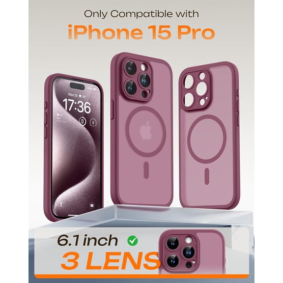 MINSUI-for Phone 15 Pro Case, Compatible with Magsafe Charger, Full Camera Protection, Drop Protection, Translucent Matte Phone Case for iPhone 15 Pro 6.1 inch (Plum)