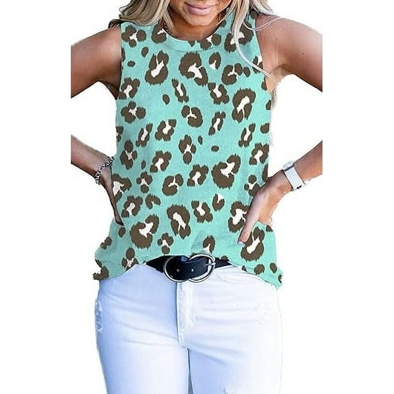 MINT PLUS PINK - WOMEN'S CASUAL BASIC SUMMER CUTE TANK TOPS | Summer Essential | Leopard Aqua/Mint| Soft & Stylish Sleeveless Blouses for Every Occasion
