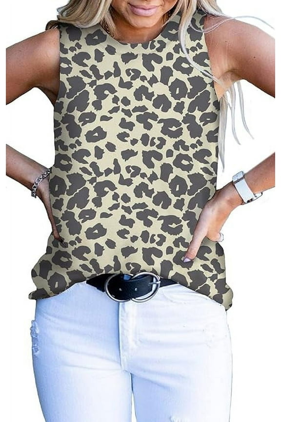 Women's Casual Basic Sumer Cute Leopard Print Sleeveless Cami Tank Tops - BEIGE GREY - Large