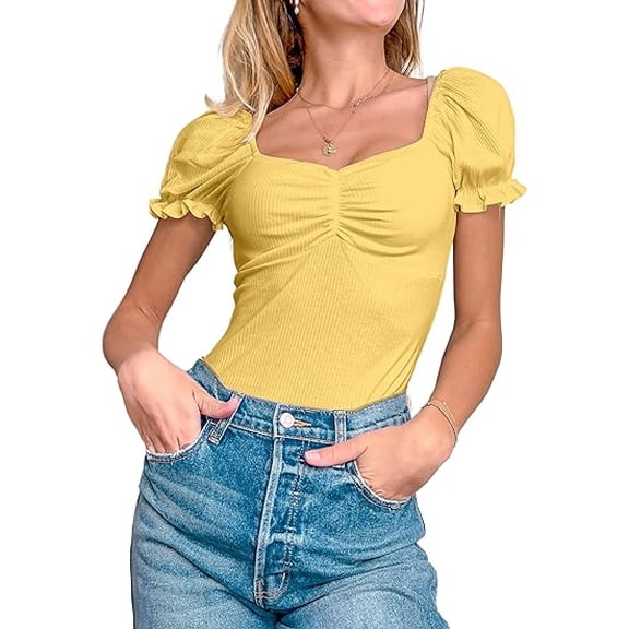MINT PLUS PINK Women's Puff Square Neck Summer Puffy Short Sleeve Ribbed Top Cute T Shirt Blouse