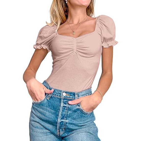 MINT PLUS PINK Women's Puff Square Neck Summer Puffy Short Sleeve Ribbed Top Cute T Shirt Blouse