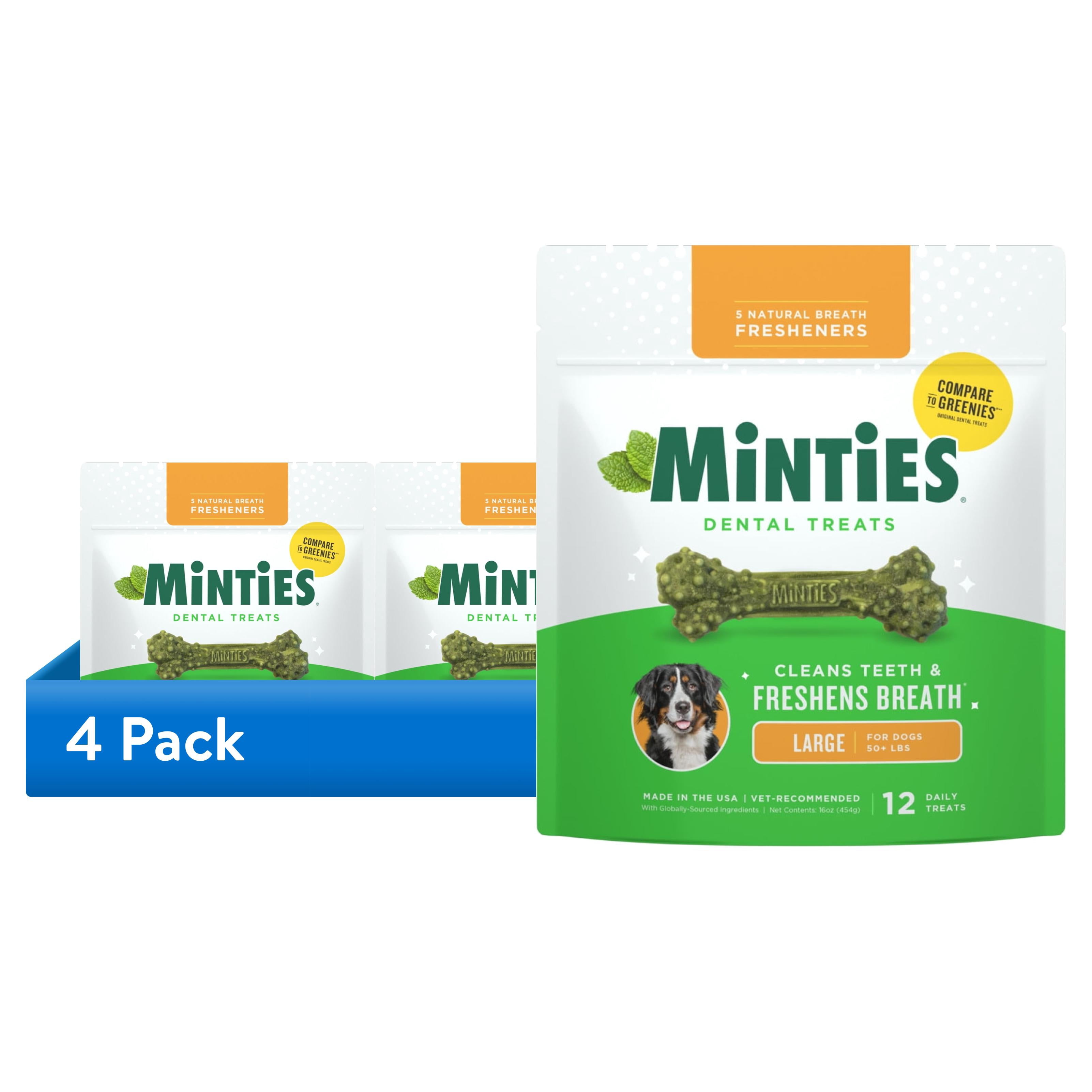 (4 pack) Minties Dental Bone Treats, Chews for Large Dogs over 50 lbs, 12 Count, 16 oz, Shelf-Stable