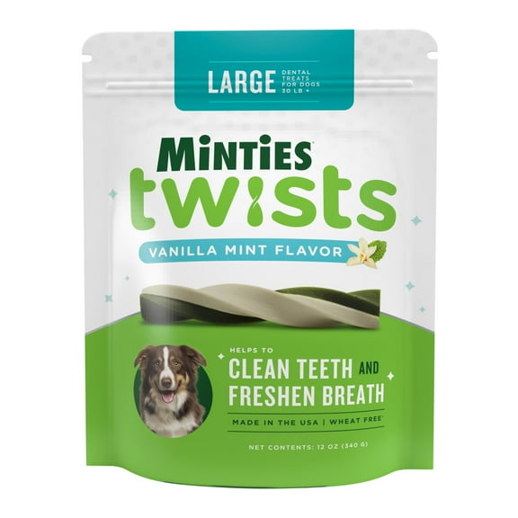 MINTIES Twists Dog Dental Bone Chews for Medium/Large Dogs Over 30 lbs, Vanilla and Mint Flavor, 12 oz