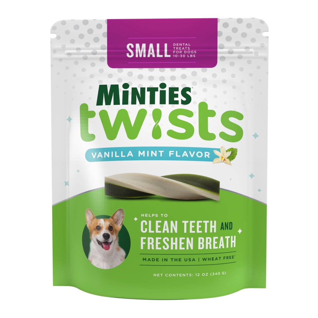 MINTIES Twists Dog Dental Bone Chews for Small Dogs 10-30 lbs, Vanilla and Mint Flavor, 12 oz
