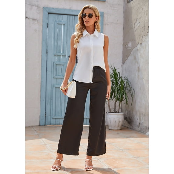 MINTLIMIT Women's Sleeveless Button Down Shirt Basic Solid Collared Work Blouse