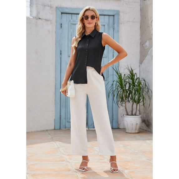 MINTLIMIT Women's Sleeveless Button Down Shirt Basic Solid Collared Work Blouse