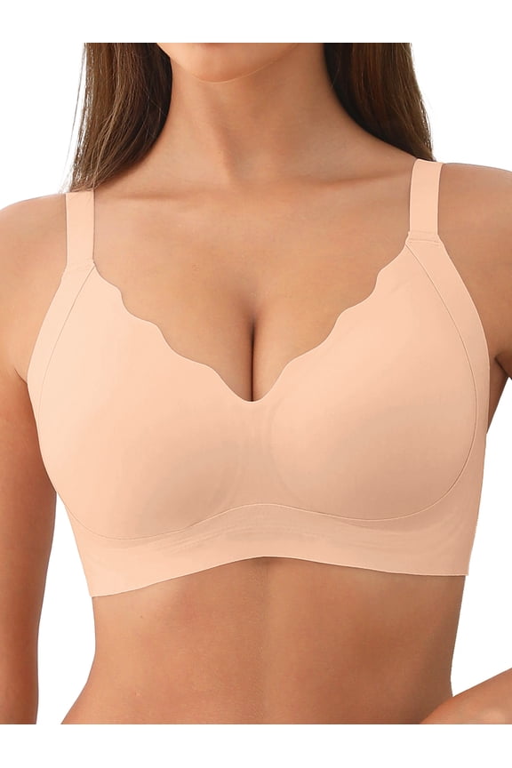 Womens No Underwire Bras Comfort Seamless Push Up Bra Full Coverage Lift Bralette Everyday Tshirt Bra V Neck Scalloped Bras