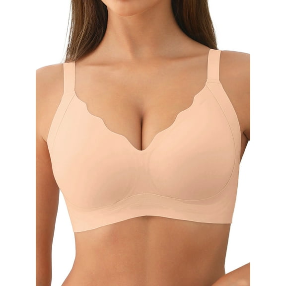 MINTREUS Womens No Underwire Bras Comfort Seamless Push Up Bra Full Coverage Lift Bralette Everyday Tshirt Bra V Neck Scalloped Bras