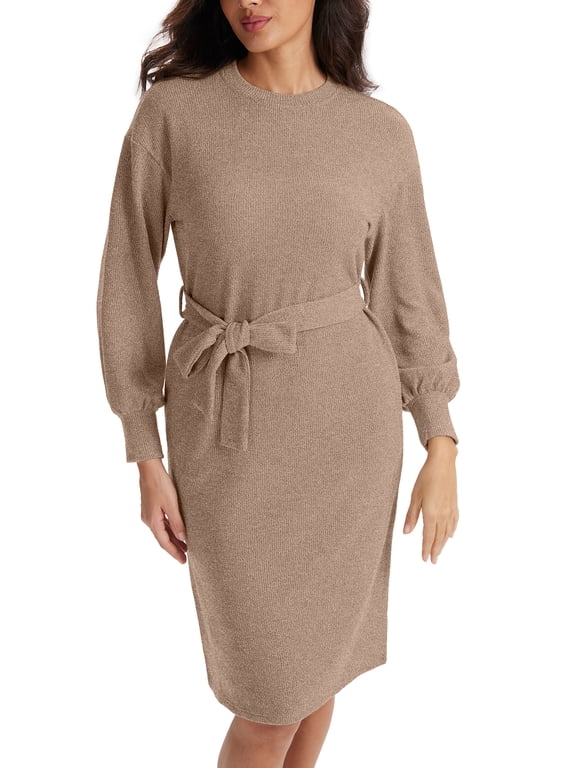 Casual Dress for Women Fall Winter Knit Midi Long Sleeve Sweater Dresses Tie Waist with Pockets for Wedding Party Workplace