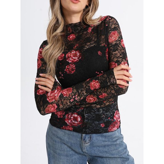MINTREUS Lace Top with Long Sleeves Stand Collar Embroidered Floral Design Ideal for Parties and Clubs xs-xxl