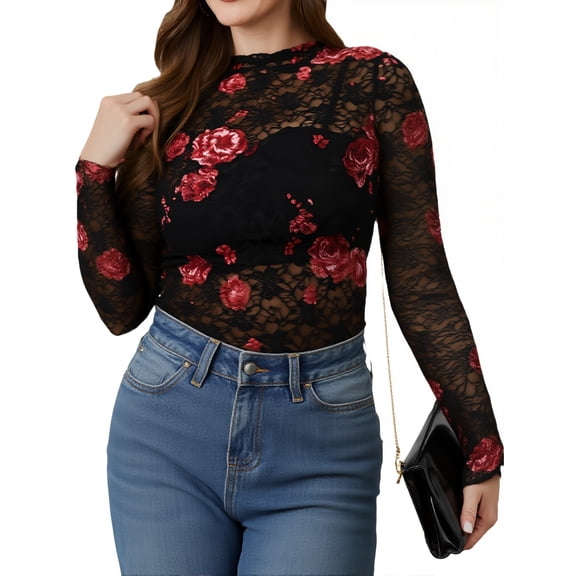MINTREUS Lace Top with Long Sleeves Stand Collar Embroidered Floral Design Ideal for Parties and Clubs xs-xxl