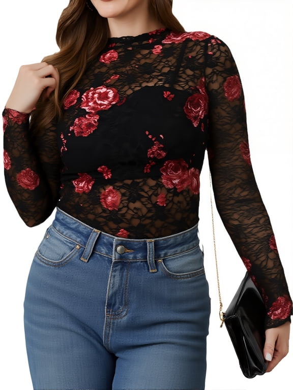 Lace Top with Long Sleeves Stand Collar Embroidered Floral Design Ideal for Parties and Clubs xs-xxl