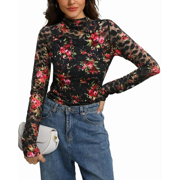 MINTREUS Lace Top with Long Sleeves Stand Collar Embroidered Floral Design Ideal for Parties and Clubs xs-xxl