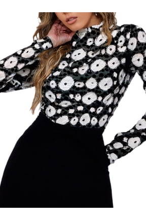 Lace Top with Long Sleeves Stand Collar Embroidered Floral Design Ideal for Parties and Clubs xs-xxl