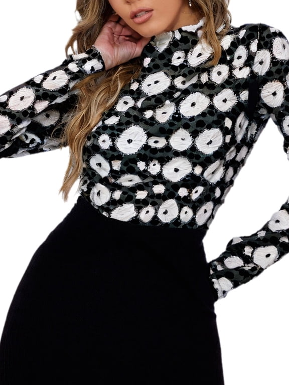 Lace Top with Long Sleeves Stand Collar Embroidered Floral Design Ideal for Parties and Clubs xs-xxl