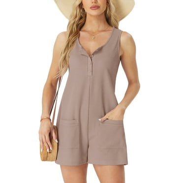 MINTREUS Summer Knit Jumpsuits for Women Sleeveless Pullover Button-down Top Shorts with Pockets Casual Jumpers