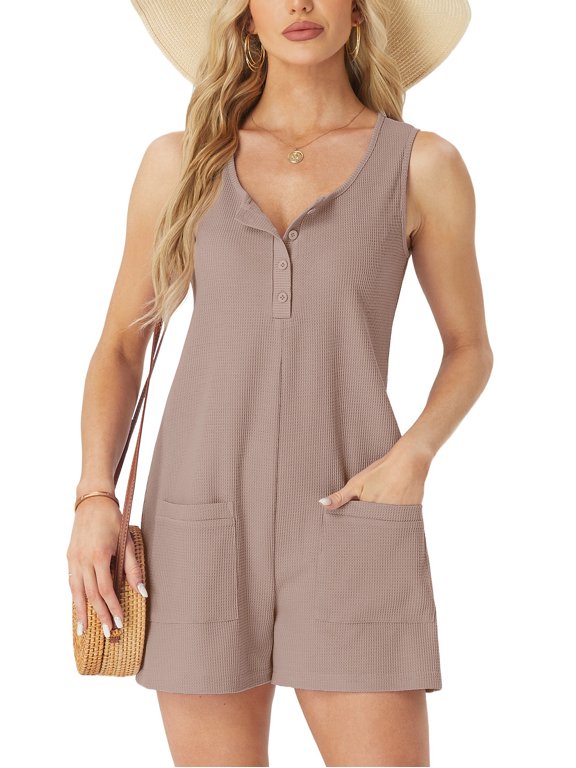 Summer Knit Jumpsuits for Women Sleeveless Pullover Button-down Top Shorts with Pockets Casual Jumpers
