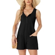 MINTREUS Summer Knit Jumpsuits for Women Sleeveless Pullover Button-down Top Shorts with Pockets Casual Jumpers
