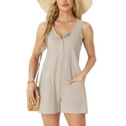 MINTREUS Summer Knit Jumpsuits for Women Sleeveless Pullover Button-down Top Shorts with Pockets Casual Jumpers