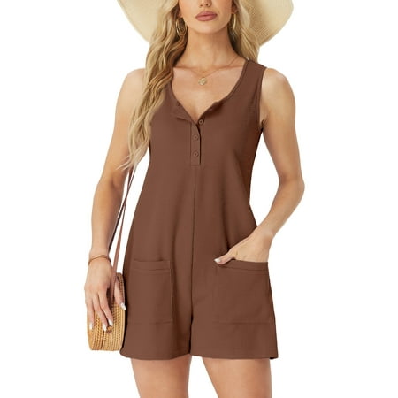 MINTREUS Summer Knit Jumpsuits for Women Sleeveless Pullover Button-down Top Shorts with Pockets Casual Jumpers