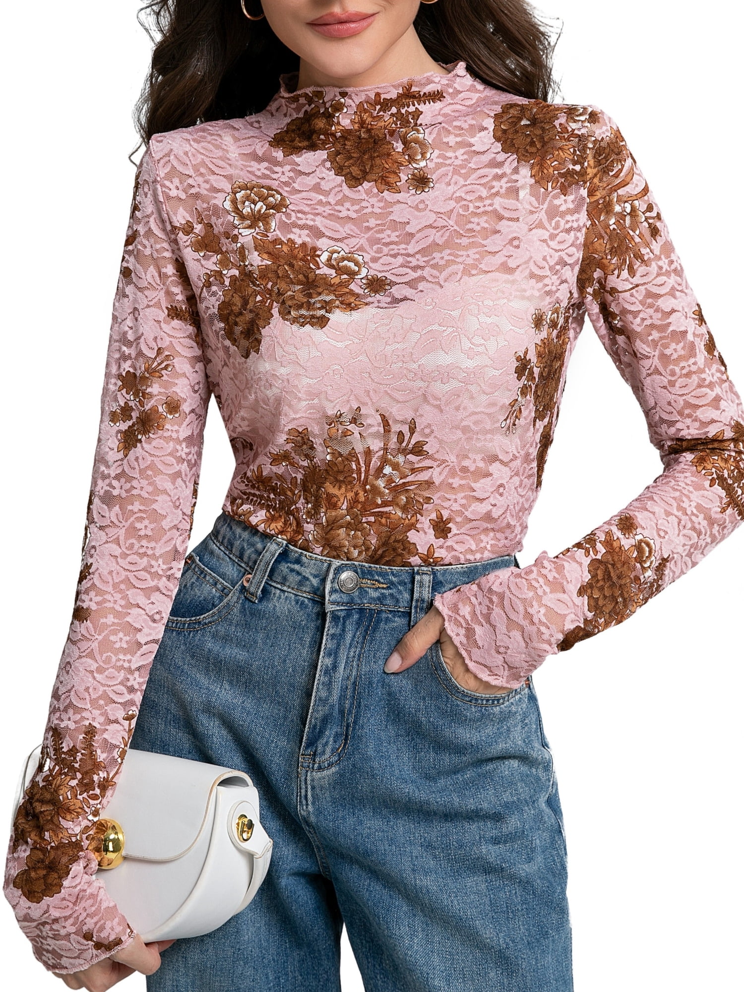 MINTREUS Women's Lace Top, Long Sleeves, Stand Collar, Floral