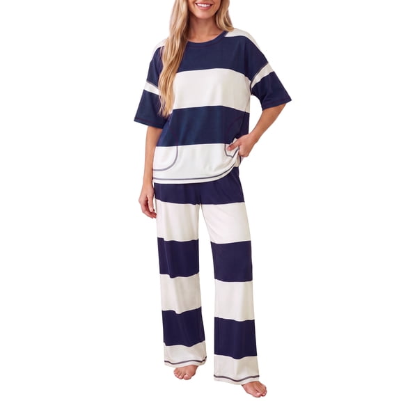 MINTREUS Lounge Set for Women 2 Piece Pajamas Sleepwear Striped Outfit Sets Pjs Short Sleeve Tops and Long Pants with Pockets