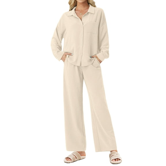 MINTREUS Lounge Sets for Women Casual Long Sleeve Button Down Shirt and Drawstring Wide Leg Pants Two Piece Outfits with Pockets Pjs